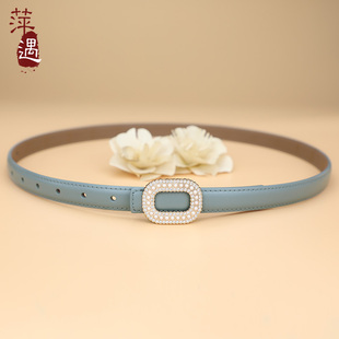 饰配连衣裙牛仔裤 装 带 百搭细皮带新款 珍珠腰带女真皮牛皮蓝色时尚
