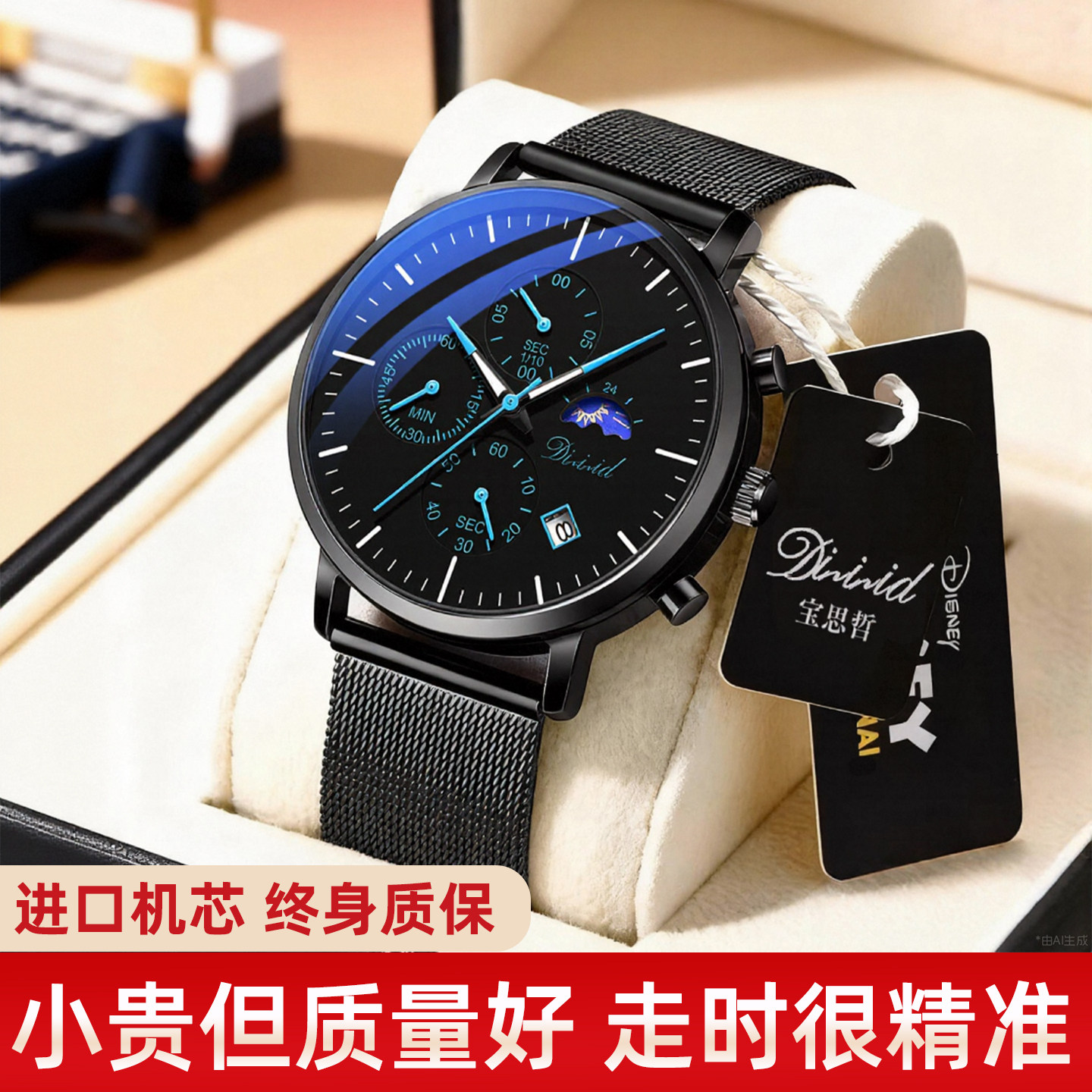 月相多功能手表男学生计时三小盘