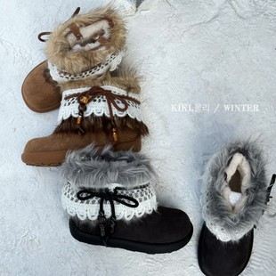 复古棉鞋保暖花边雪地靴女秋冬新款百搭短筒加绒毛毛大厚底子