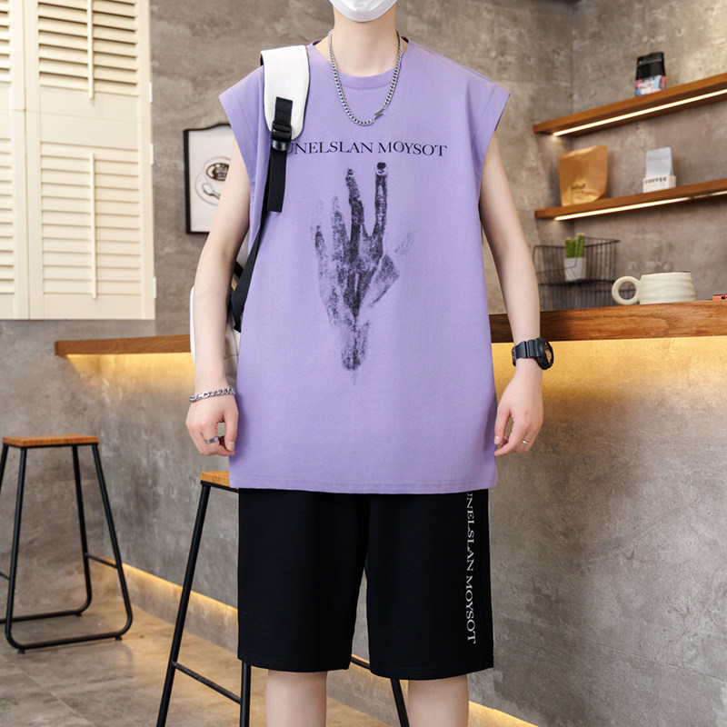 夏季青少年无袖t恤套装16男孩12-15岁初中学生14大童帅气宽松背心