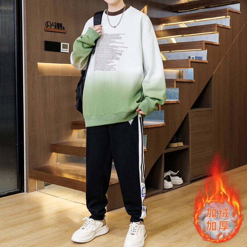 冬季半高领卫衣12岁男孩14学生15青少年大童加绒加厚长袖T恤套装