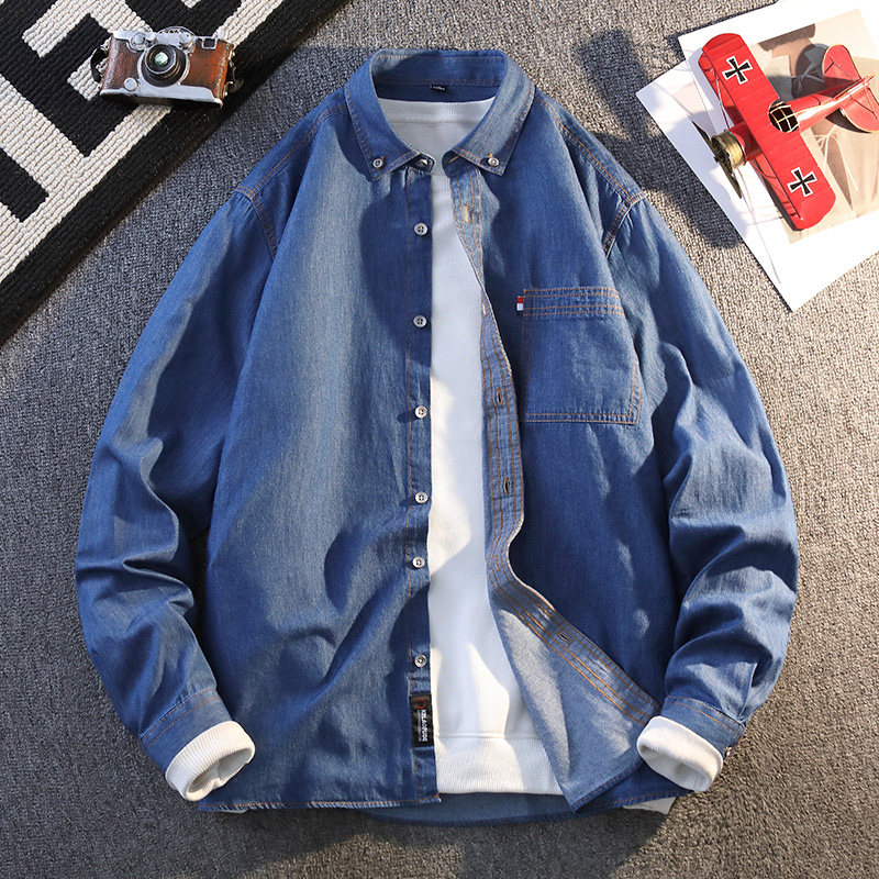 青少年春季潮流宽松牛仔衬衣衬衫