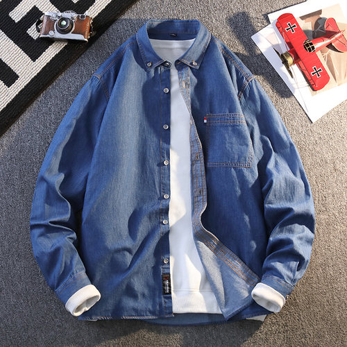 青少年春季潮流宽松牛仔衬衣衬衫