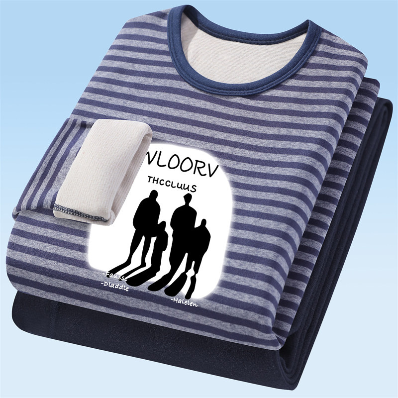 德绒条纹保暖内衣大童青少年加厚冬季初高中学生加绒秋衣秋裤套装