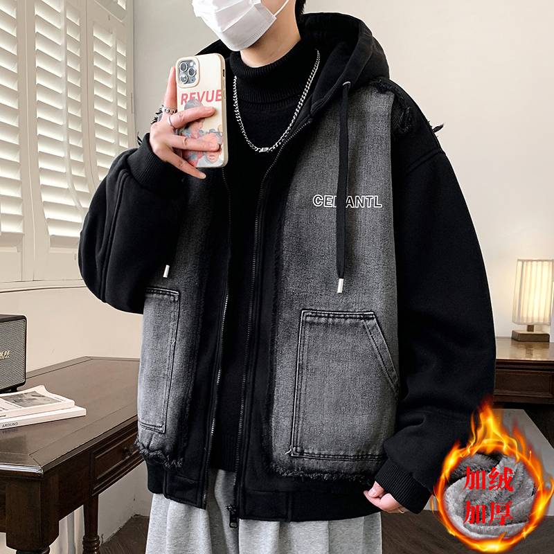 加绒加厚牛仔外套潮流棉衣派克服