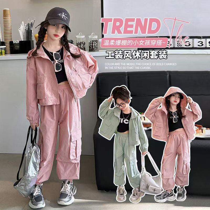 女童工装套装春装新款儿童秋季洋气外套大童装春秋款衣服两件套