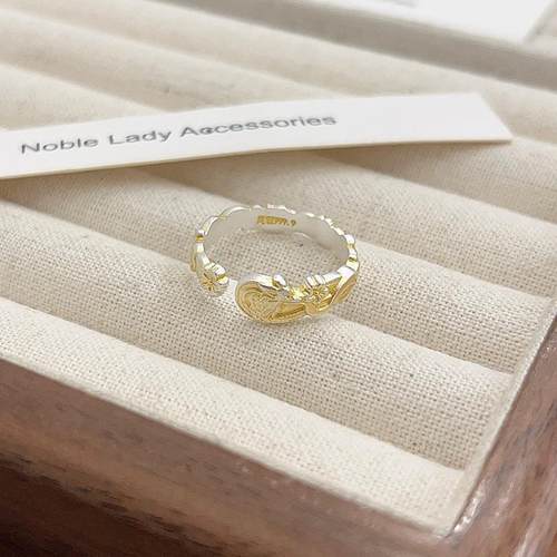 描金灵狐桃花纯银戒指