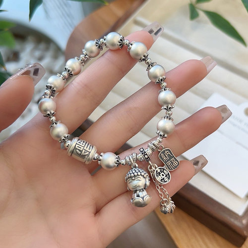 足银999招财纳福莲花佛手串8mm古法两世欢钱币手链福牌转运珠首饰