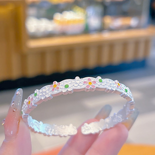 足银999.9描金珐琅彩五花手镯女实心开口新中式 银镯子送女友礼物