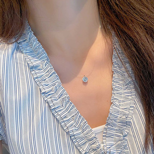 纯银925人鱼之泪鱼线钻项链时尚 潮牌隐形透明单钻闪钻锆石锁骨链