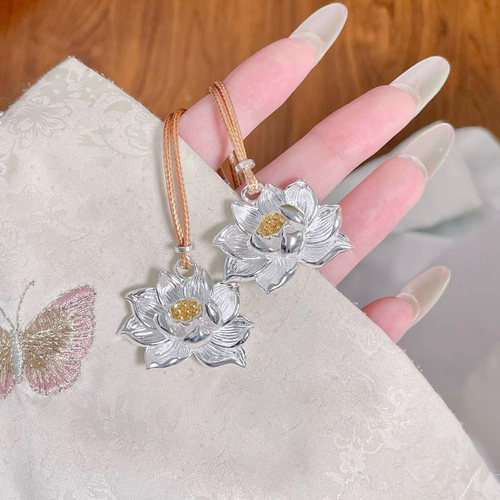 足银999.9立体荷花吊坠项链