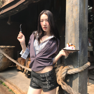 LKONE山海 领层叙事 大v领撞色条纹拼接韩针织通勤上衣假两件衬衫