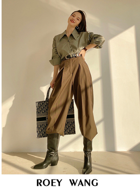 ROEY WANG 春秋韩国ins简约雅痞风质感宽松阔腿裤女高腰休闲长裤