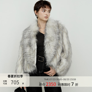 ROEYWANG V领廓形外套 月光芭蕾 貉子毛皮草女简约撞色高级感经典