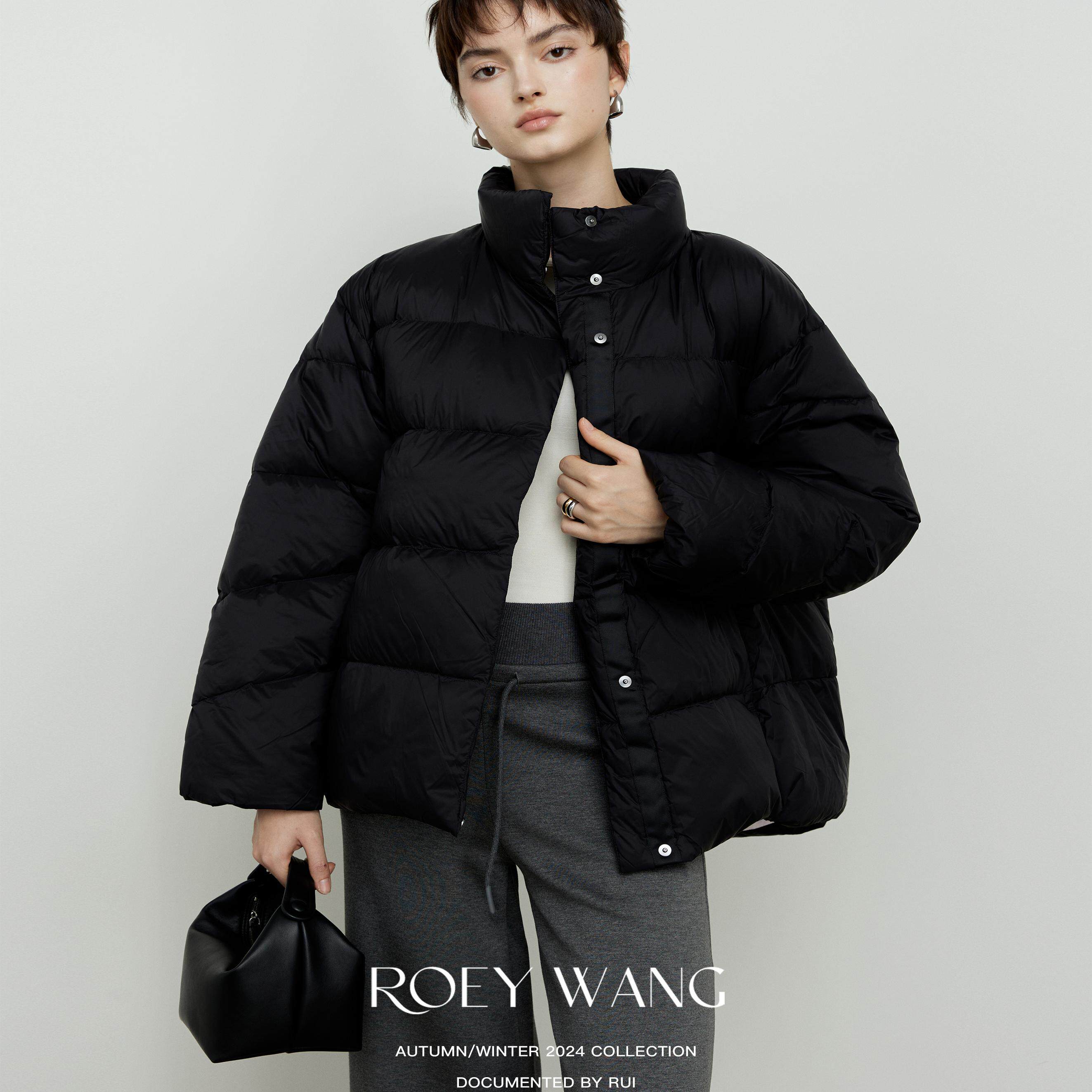 ROEYWANG 宽松立领休闲白鸭绒外套超轻无胆面包服中长款羽绒服女