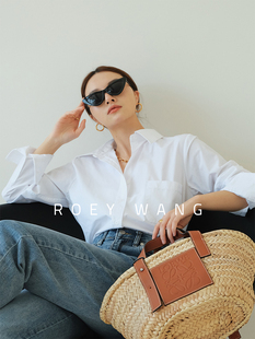 女上衣小众显瘦叠穿法式 bi入纯棉白色衬衫 宽松衬衣 经典 ROEYWANG