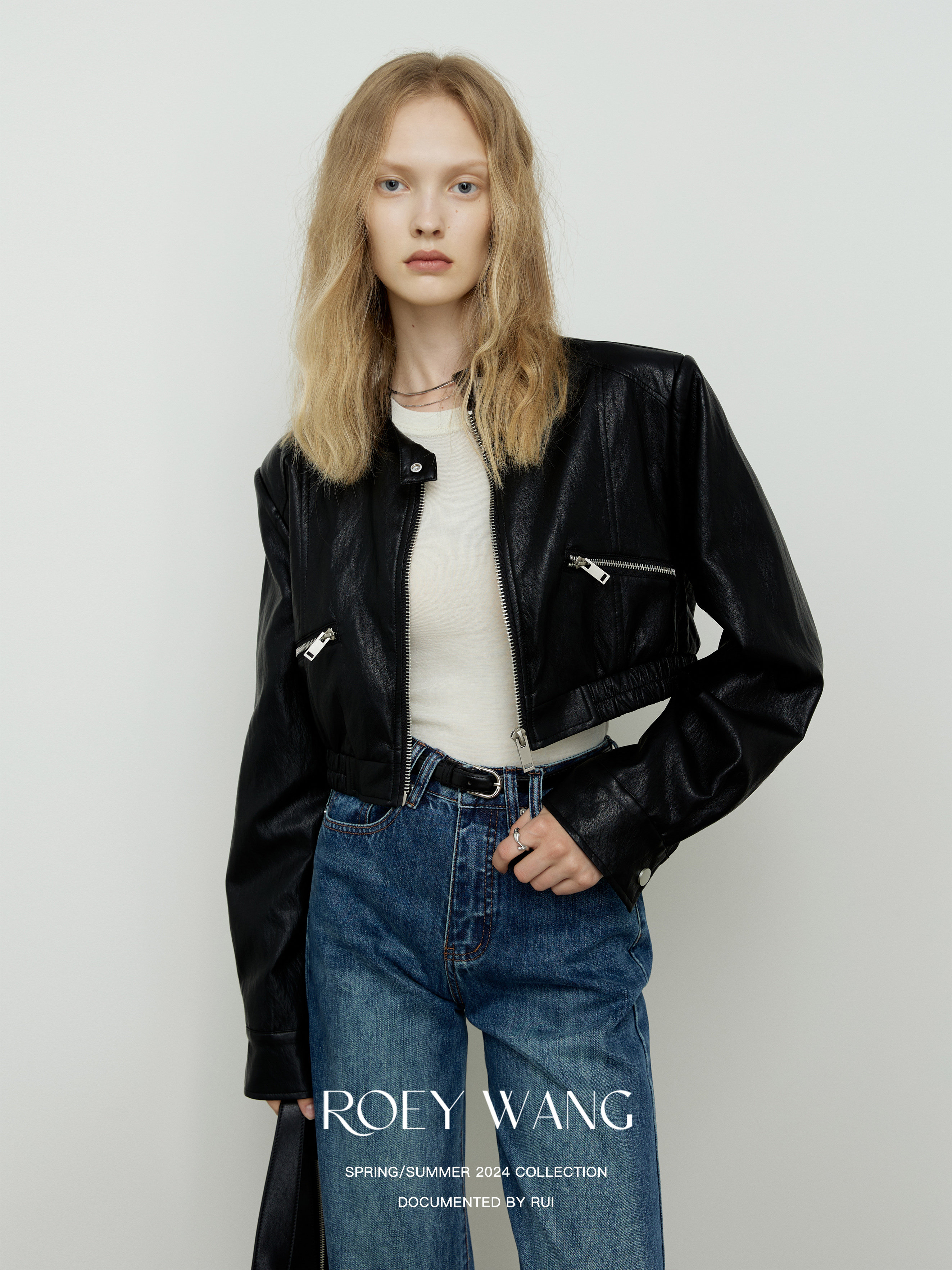 ROEYWANG率性黑色PU皮衣外套女时尚高级感小众机车短款夹克外套女