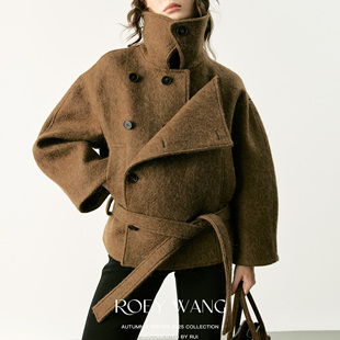ROEYWANG 羊毛立领夹克大衣收腰显瘦廓形高级感气质短款毛呢外套