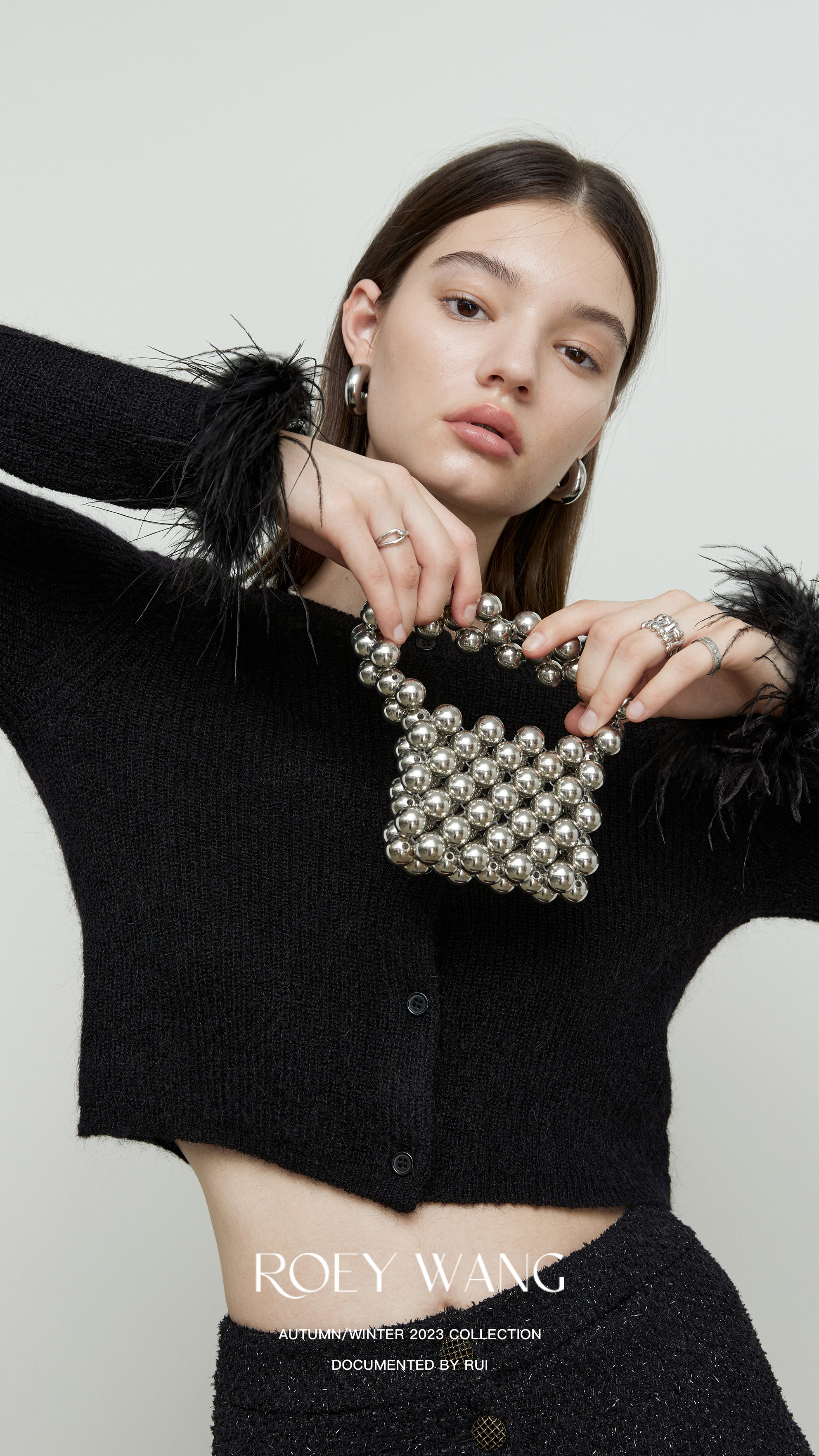 羽毛装饰羊毛短款针织开衫毛衣