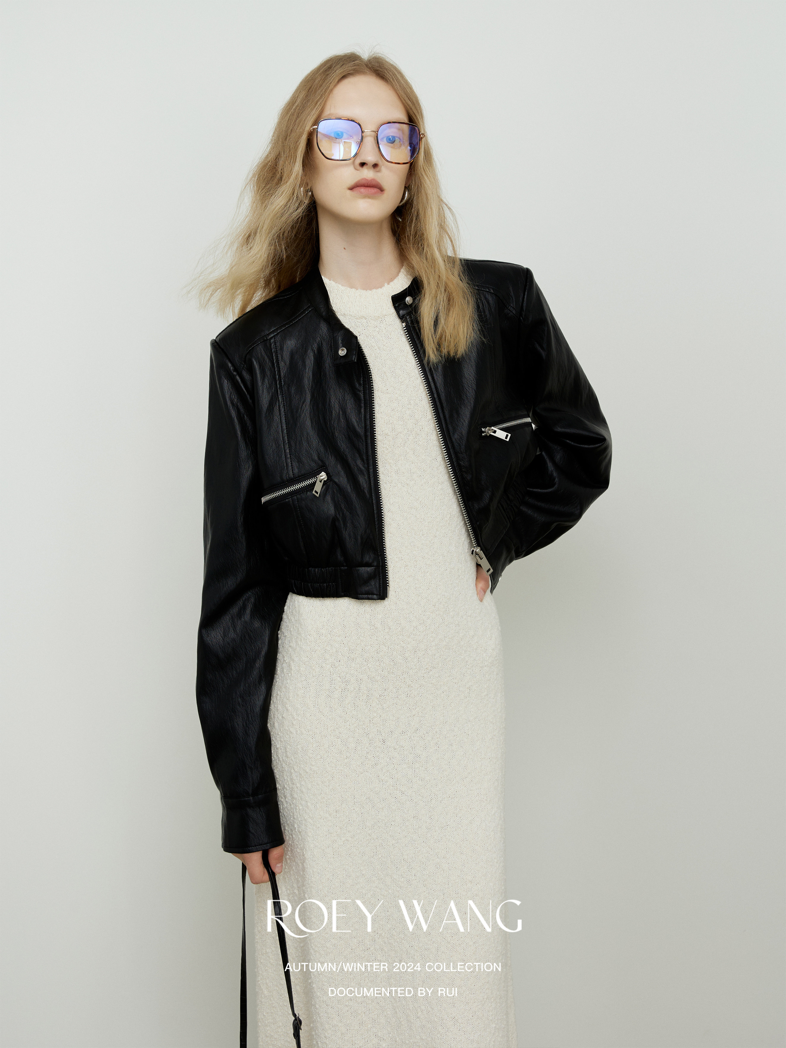 ROEYWANG 率性黑色PU皮衣外套女时尚小众短款高级感机车夹克外套