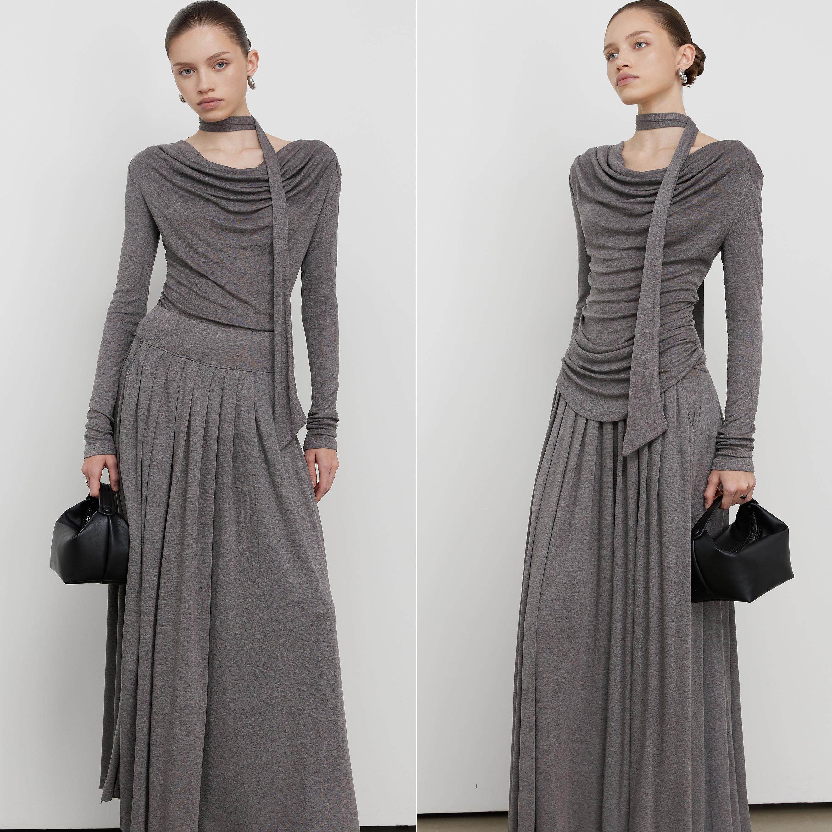 法式气质简约荡领毛棉皱褶长袖针织连衣裙弹力修身套装显瘦长裙子