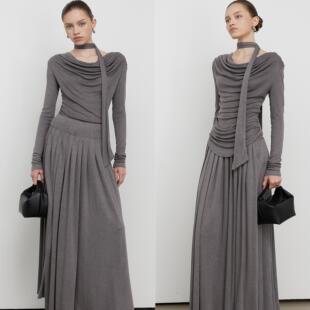 法式气质简约荡领毛棉皱褶长袖针织连衣裙弹力修身套装显瘦长裙子