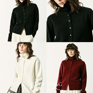ROEYWANG 针织宽松套头半高领极简风高领纽扣开衫女慵懒毛衣外套