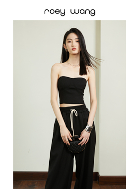 ROEY WANG 100棉时尚修身无袖上衣女抹胸宽松阔腿裤春季套装女
