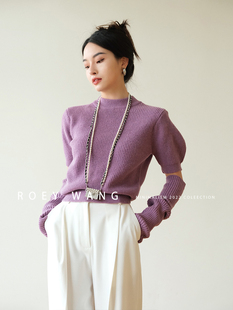 ROEYWANG 春秋新款袖套多穿式短袖泡泡袖圆领短款套头针织毛衣