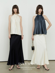 ROEYWANG 天丝波光晕染挂脖背心缎面设计感花朵装饰无袖上衣女