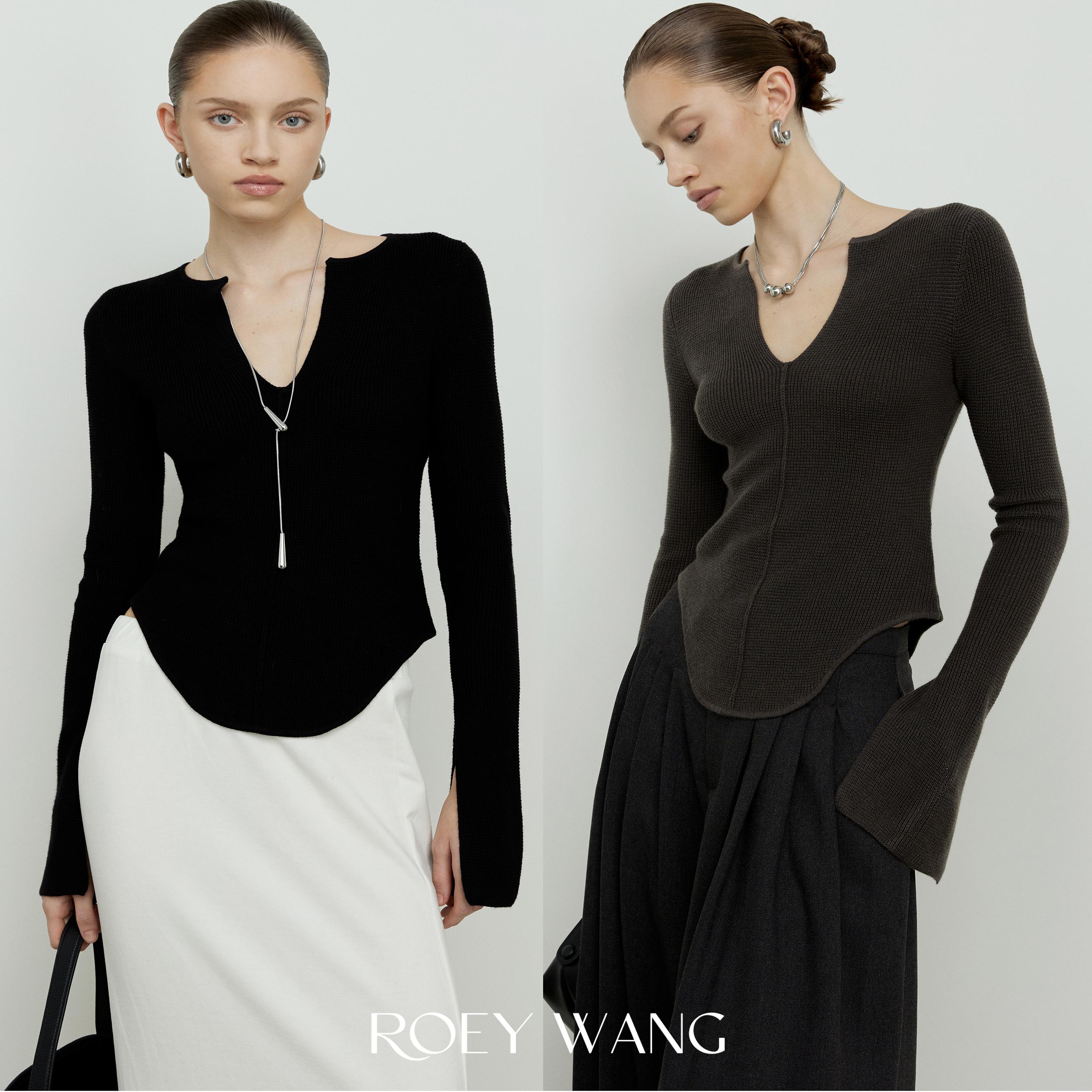 ROEYWANG V领收腰修身显瘦针织衫打底衫女修身长袖内搭高级感上衣