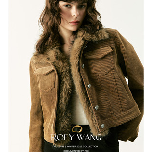 ROEYWANG 美式复古咖色灯芯绒短外套女短款毛领保暖修身夹克上衣