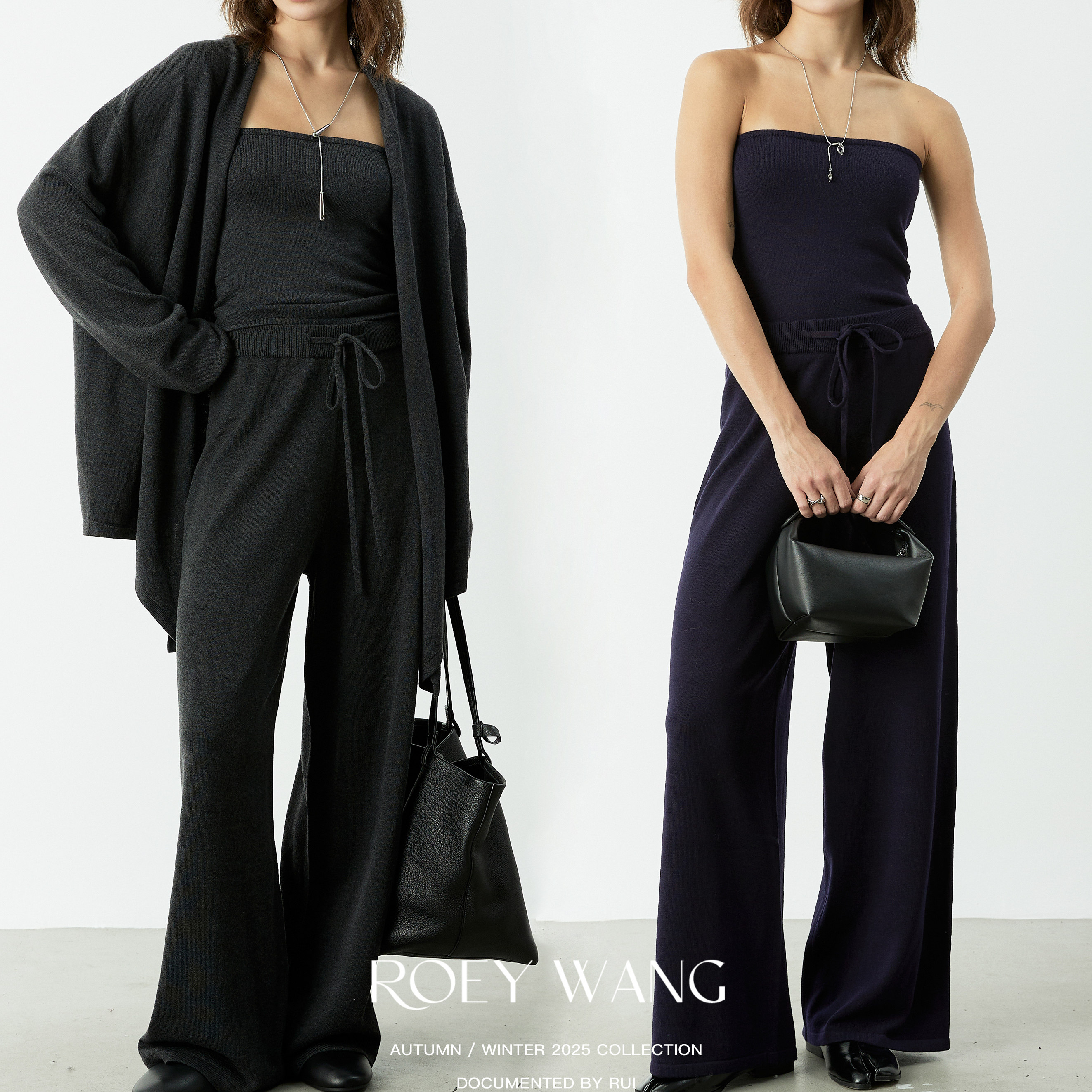 ROEYWANG慵懒风松弛感针织开衫外搭女毛衣外套中长款休闲长裤套装