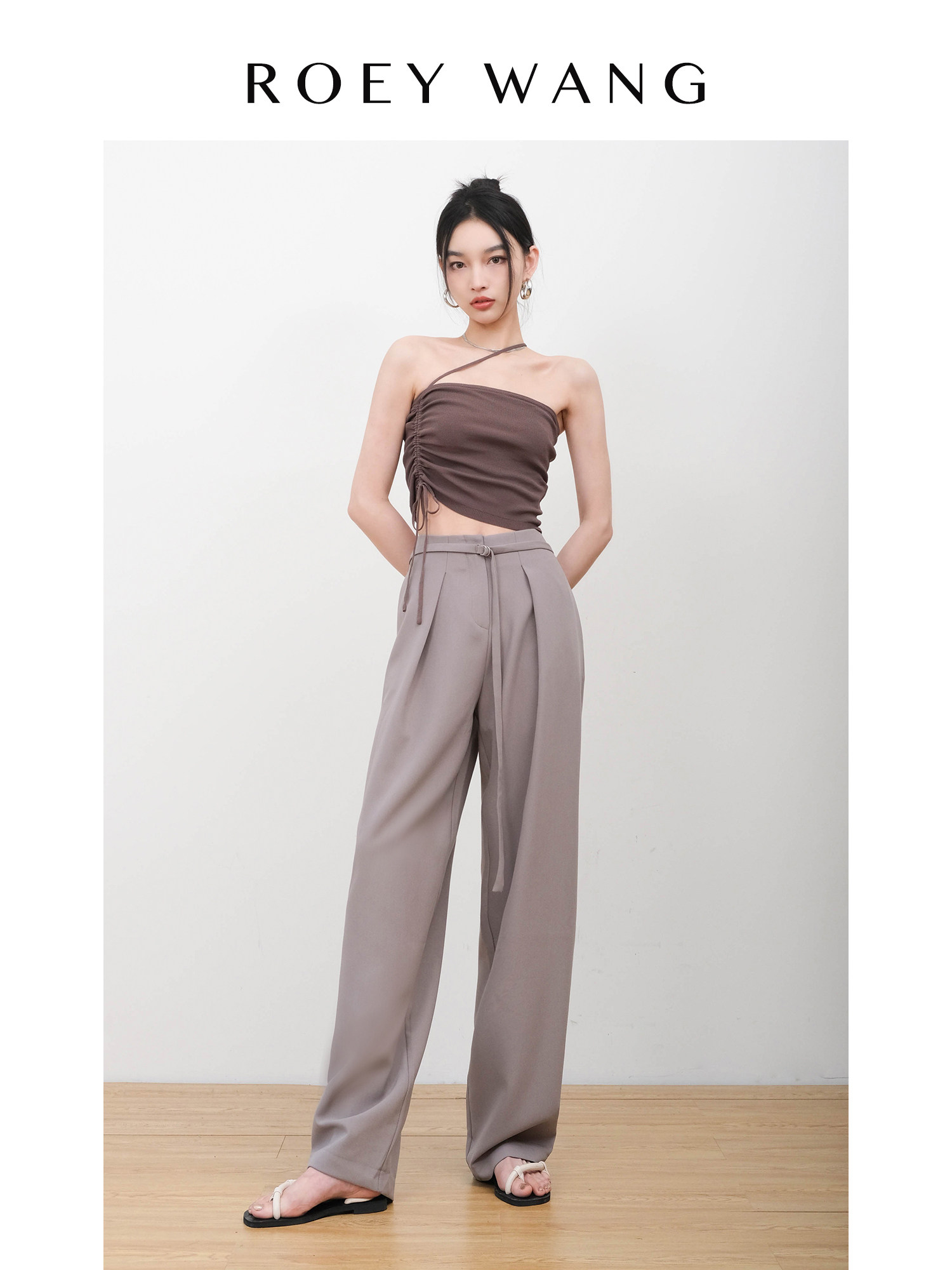 ROEYWANG 高级简约经典垂感直筒慵懒宽松西裤抽绳长裤休闲裤女