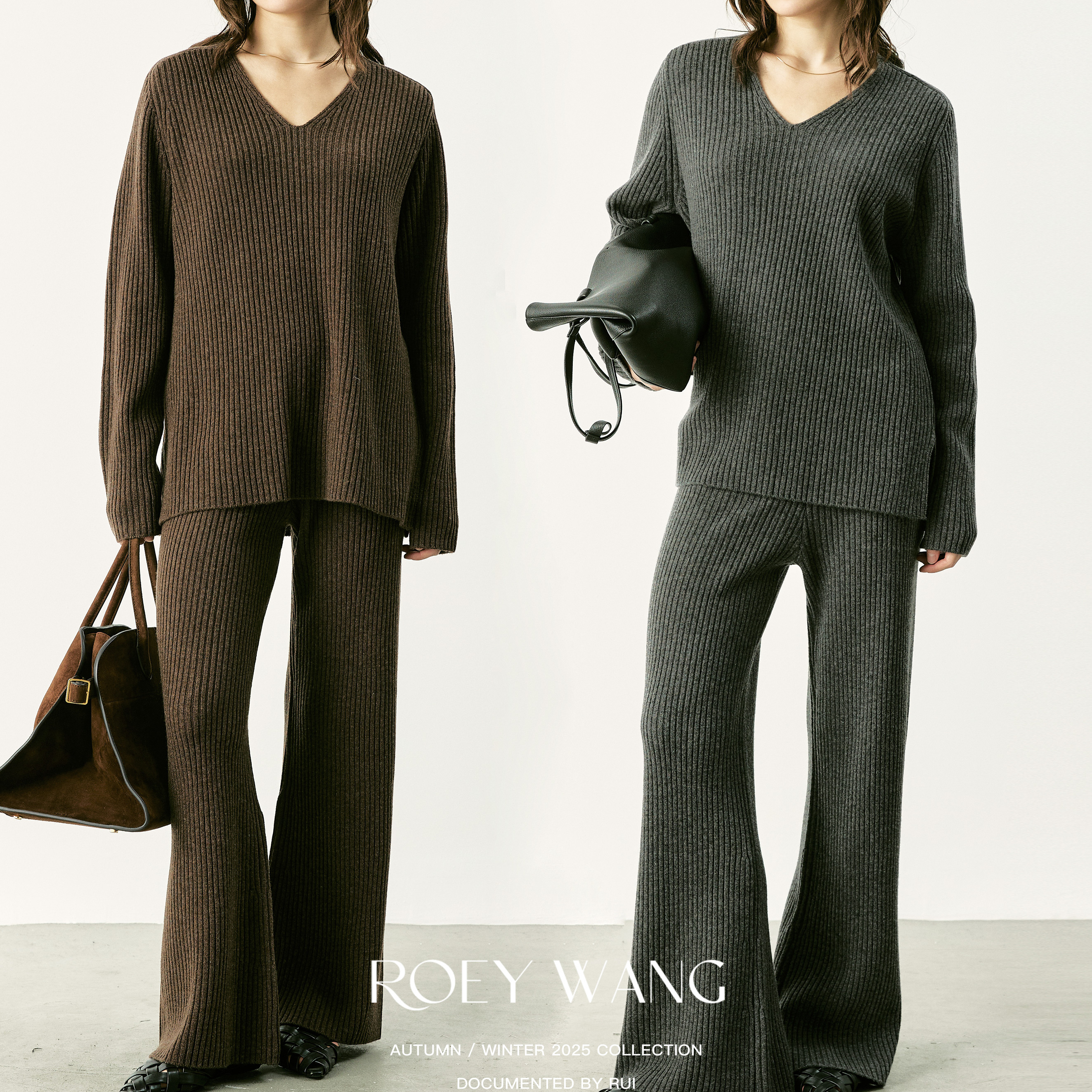 ROEYWANG慵懒针织上衣阔腿裤套装