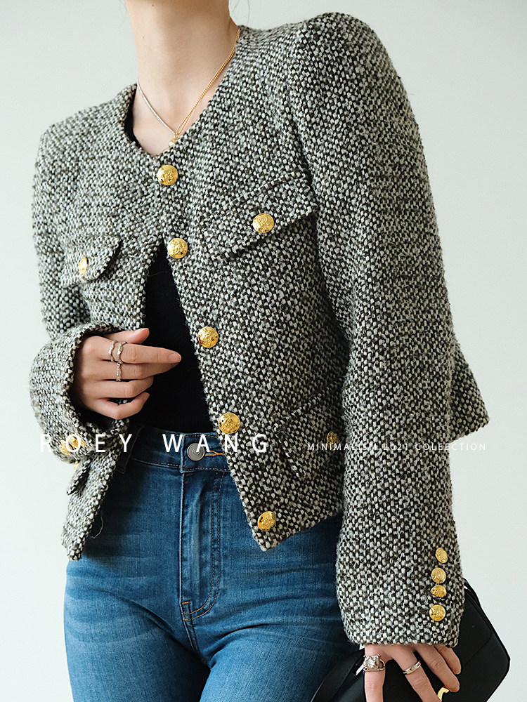 ROEYWANG 羊毛粗花呢四口袋CE*风法式春秋长袖短款小香风毛呢外套,女装/女士精品,短外套,淘宝优惠券,粉丝福利购,淘宝优惠卷