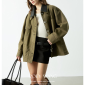 休闲上衣 风衣外套女翻领宽松显瘦中长款 ROEYWANG 复古巴恩风工装