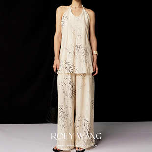 ROEYWANG轻奢气质贵感绝美米色挂脖露背吊带高级感背心阔腿裤套装