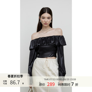 女 ROEYWANG Pre fall醋酸高级哑光缎面露肩一字领荷叶边长袖 衬衫