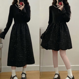 连衣裙 贵气显瘦气质小黑裙秋冬打底长短款 实拍大码 女装
