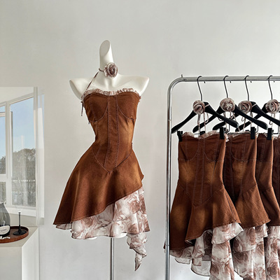 LKONE山海浓郁可可 法式浪漫夏季新款设计感牛仔抹胸连衣裙女