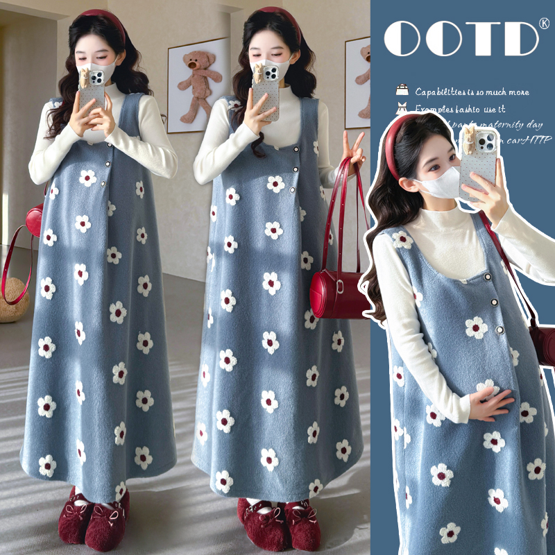 孕妇装重工刺绣羊毛呢背心裙秋冬款时尚连衣裙