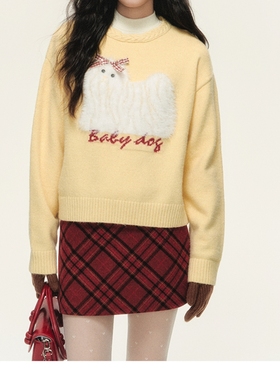 umoumo乌蘑原ntot蝴蝶结长毛小狗图案提花圆领套头毛衣可爱上衣