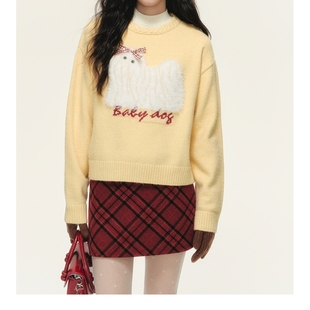 umoumo乌蘑原ntot蝴蝶结长毛小狗图案提花圆领套头毛衣可爱上衣