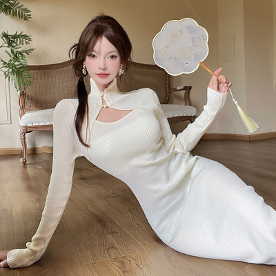 配大衣内搭打底新中式改良旗袍针织连衣裙子女秋冬季礼服长裙