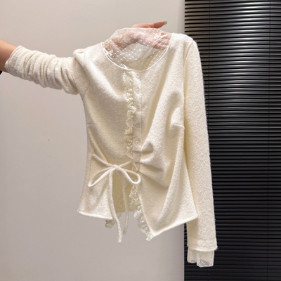 设计感蕾丝拼接系带长袖针织衫女秋冬不规则修身显瘦打底内搭上衣