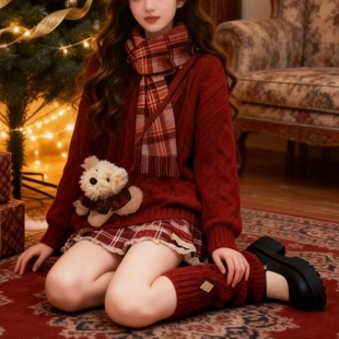 圣诞红宽松麻花针织毛衣甜美格纹毛衣
