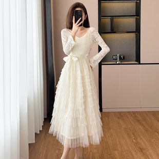 法式 蕾丝镂空勾花系带蓬蓬连衣裙女2026春高腰A字网纱层层蛋糕裙