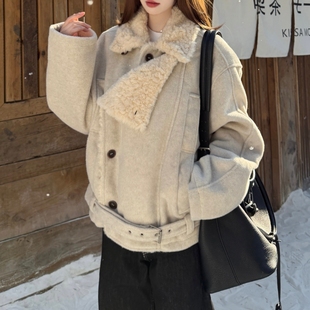 韩系氛围感收腰呢子双排扣大衣女冬季 棉衣潮 加绒保暖宽松短款