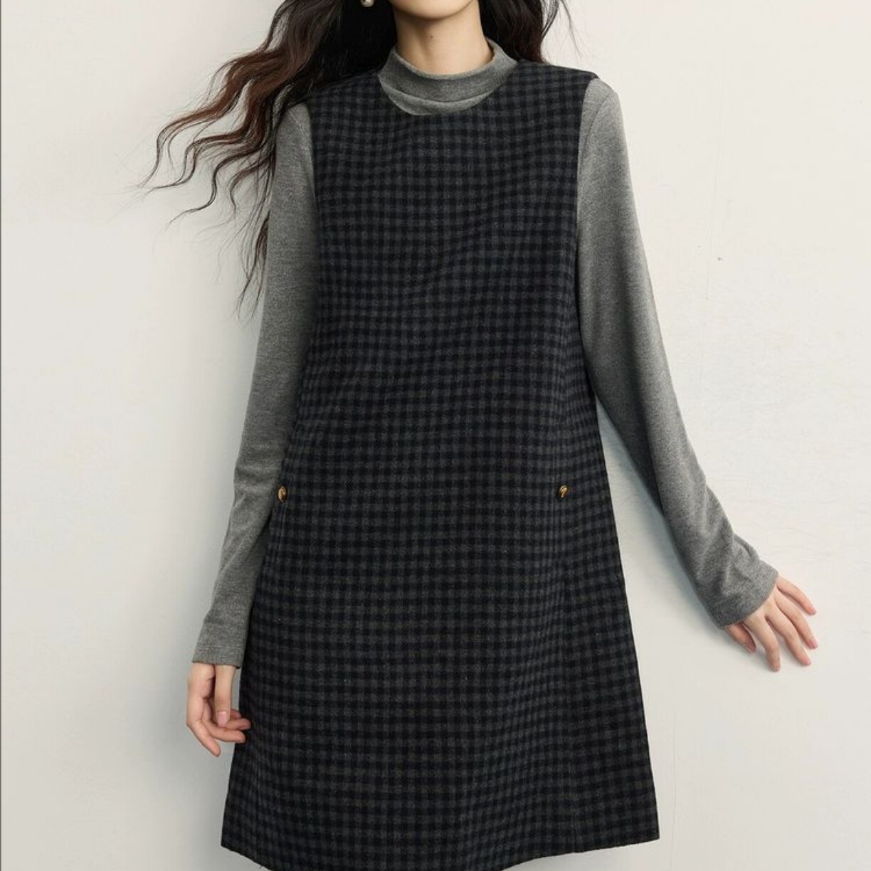 千金玛德琳风复古格子背心裙女2025秋冬款无袖仿羊毛呢连衣裙